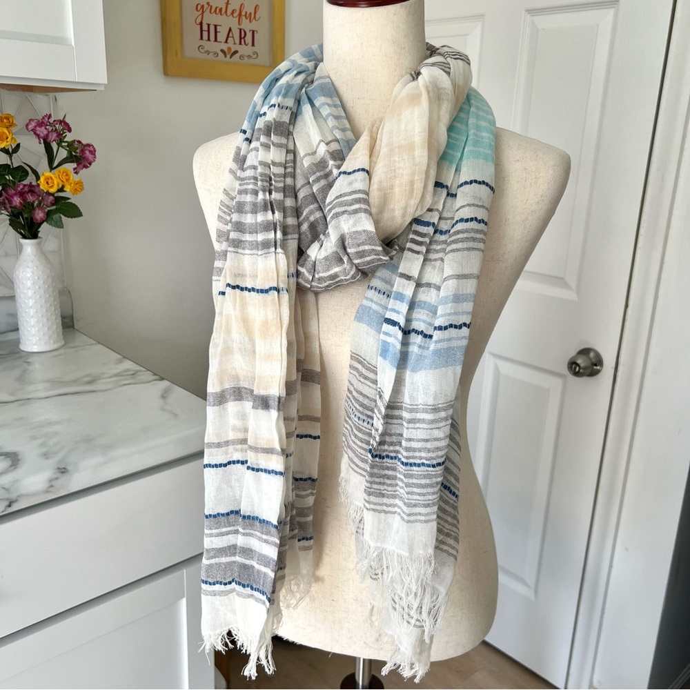 Ahujasons 100% Cotton Soft Multi Stripe Print Raw Fringe Trim Casual Scarf